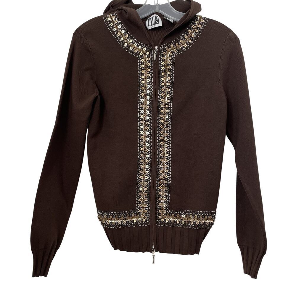 VTG WR Brown Sequence Hooded Zip‎ Sweater Woman Sz M Y2K Preppy Boho Old Money